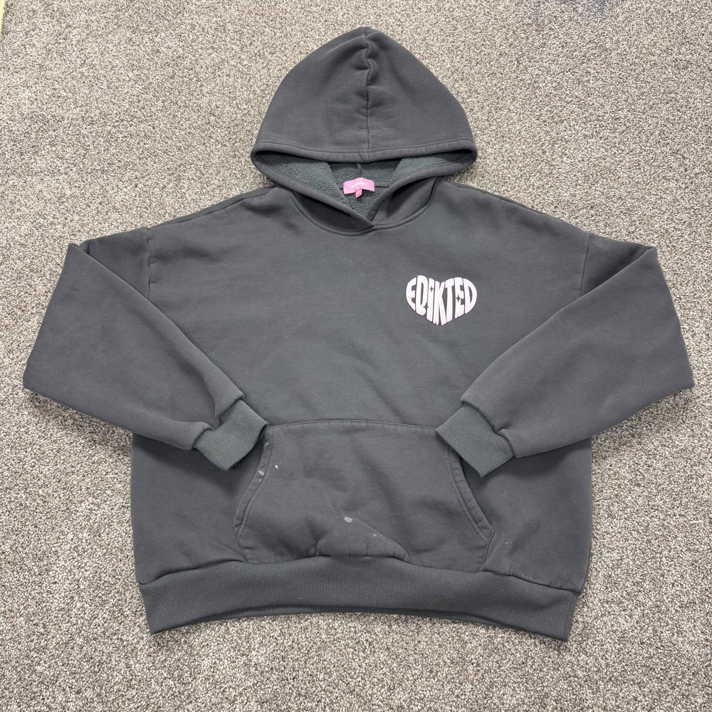 Edikted Hoodie Womens Medium Gray Fleece Heart Graphic Logo Pullover Sweatshirt